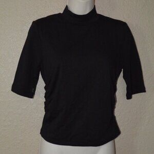 Sz S/M ATM Black Short Sleeve Ruched Sides Mock Neck Stretchy Shirt Top Tee